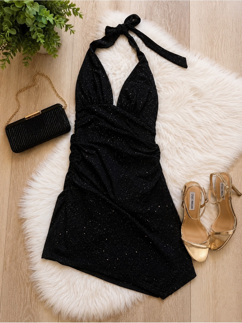 🖤✨ Shein Black Shimmer Halter Asymmetrical Stretch Mini Dress Size Small ✨🖤